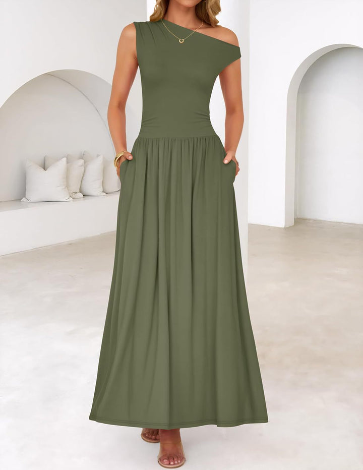 Damen Asymmetrisches Maxikleid mit One-Shoulder, Taillenbetonung und Seitentaschen Echo Archiv