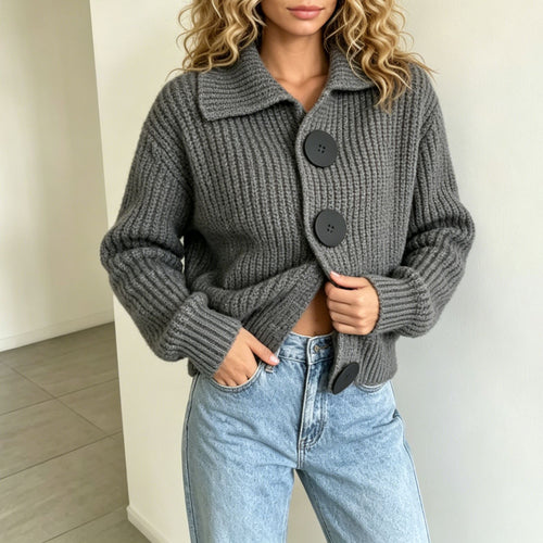 Damen Grobstrick-Cardigan mit breitem Umlegekragen – Veloura