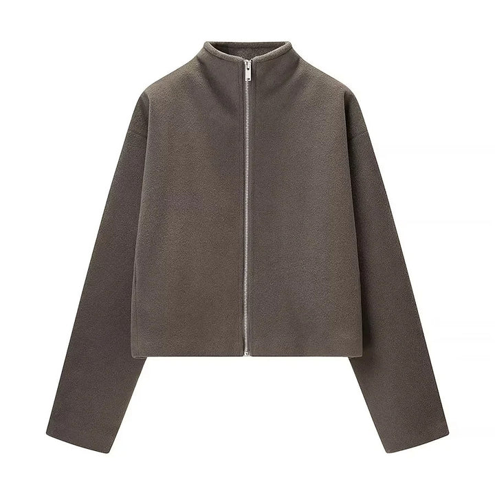 Damen kastiger Zip‑Up Fleece‑Cardigan mit Stehkragen und cleanem Minimaldesign – Célinea