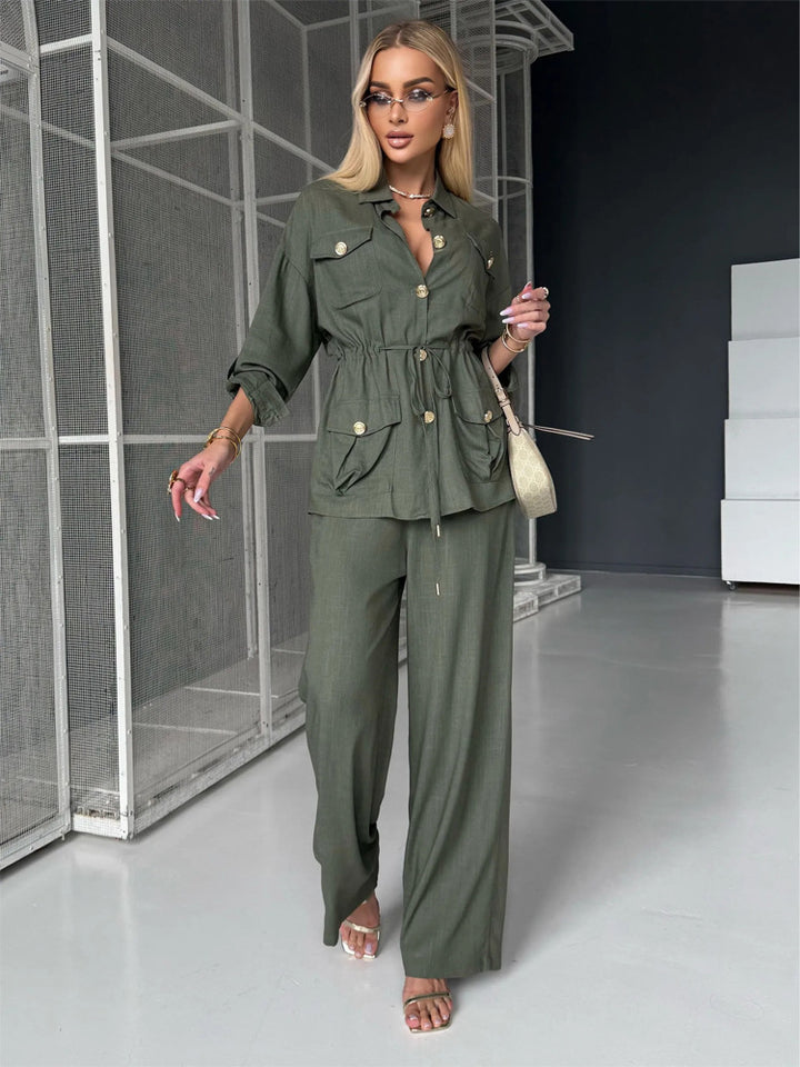 Damen Leinenoptik Utility-Hemdjacke mit Tunnelzugtaillierung und goldenen Zierknöpfen Echoarchiv
