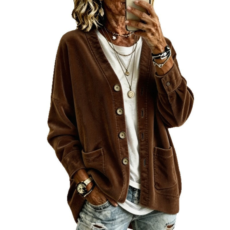 Damen Oversized Cord-Cardigan mit aufgesetzten Taschen und Holzknöpfen Echo Archiv