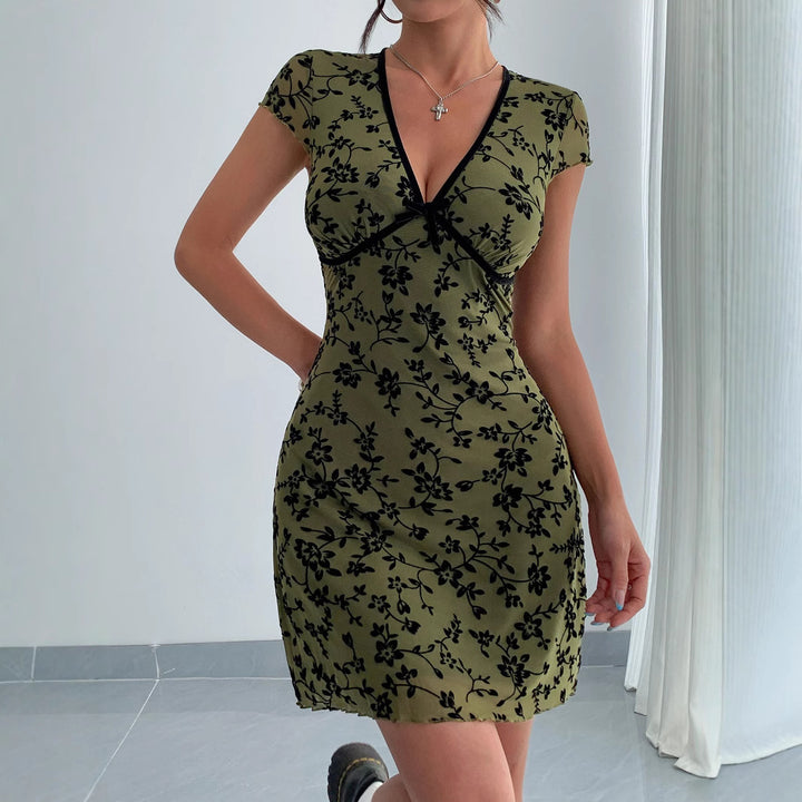 Damen nan figurbetontes Minikleid mit tiefem V‑Ausschnitt, Chiffon‑Überzug und floraler Samtoptik Echo Archiv