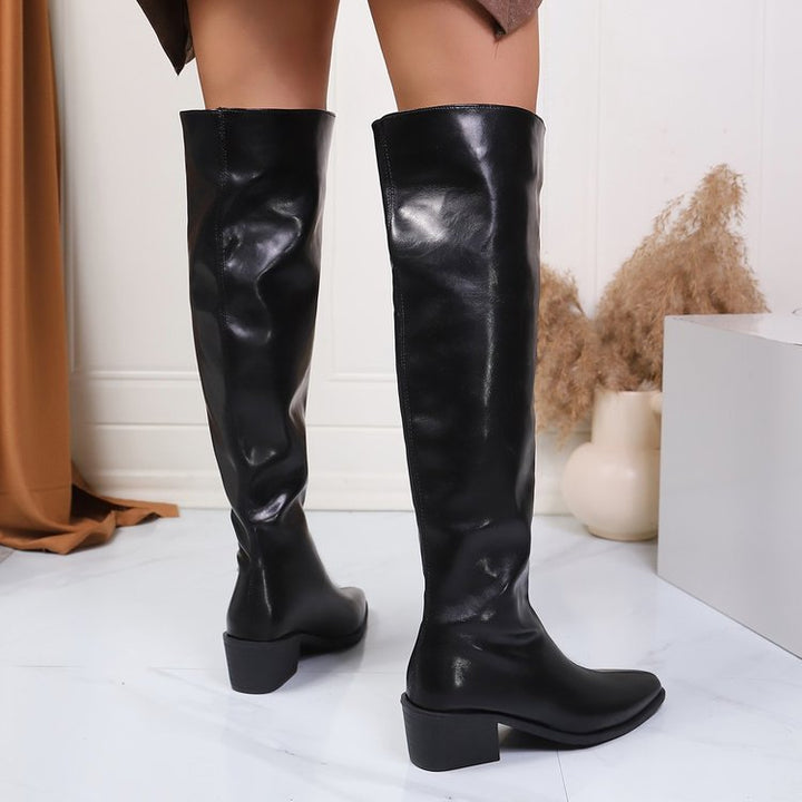 Damen Kniehohe Stiefel mit spitzer Zehenpartie und mittelhohem Blockabsatz – Lioré