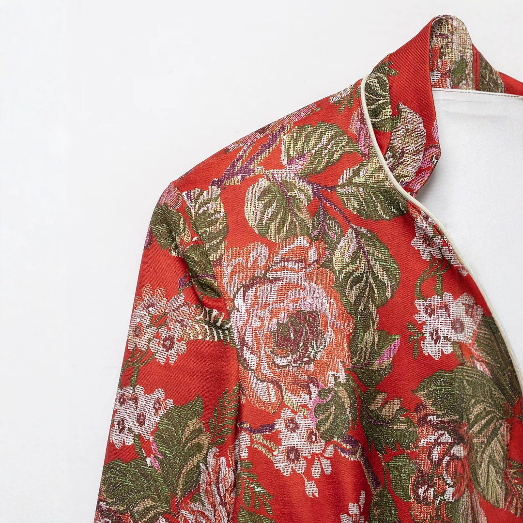 Damen Brokat-Cropped-Blazer mit floraler Jacquardstruktur und Kontrastpaspel Echoarchiv