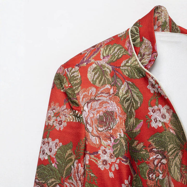 Damen Brokat-Cropped-Blazer mit floraler Jacquardstruktur und Kontrastpaspel Echoarchiv