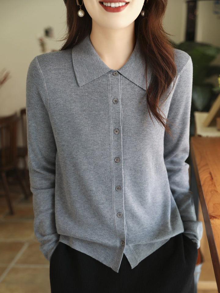 Damen Leichter Feinstrick-Cardigan mit Polokragen und durchgehender Knopfleiste Echoarchiv