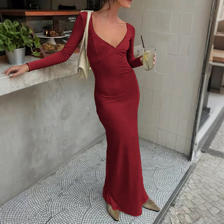 Damen figurbetontes Maxikleid mit herzförmigem Ausschnitt, langen Ärmeln und schmaler Meerjungfrau-Silhouette – Valéora