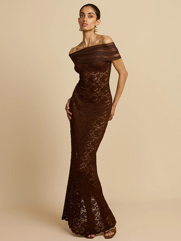 Damen Spitzen-Maxikleid mit schulterfreiem Design und elegantem Drapierungseffekt Echo Archiv