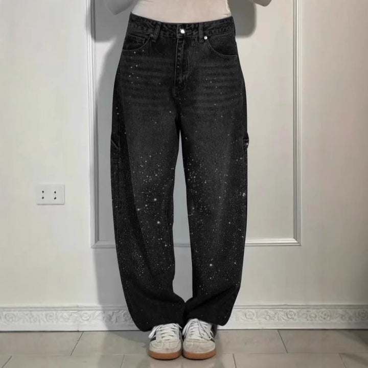 Damen High-Waist Jeans im weiten Cargo-Schnitt mit funkelndem Strassbesatz Echo Archiv