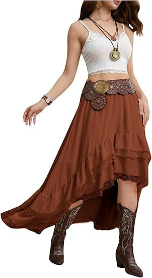 Damen Boho Maxi-Rock mit asymmetrischem Saum und Spitzenverzierungen Echo Archiv