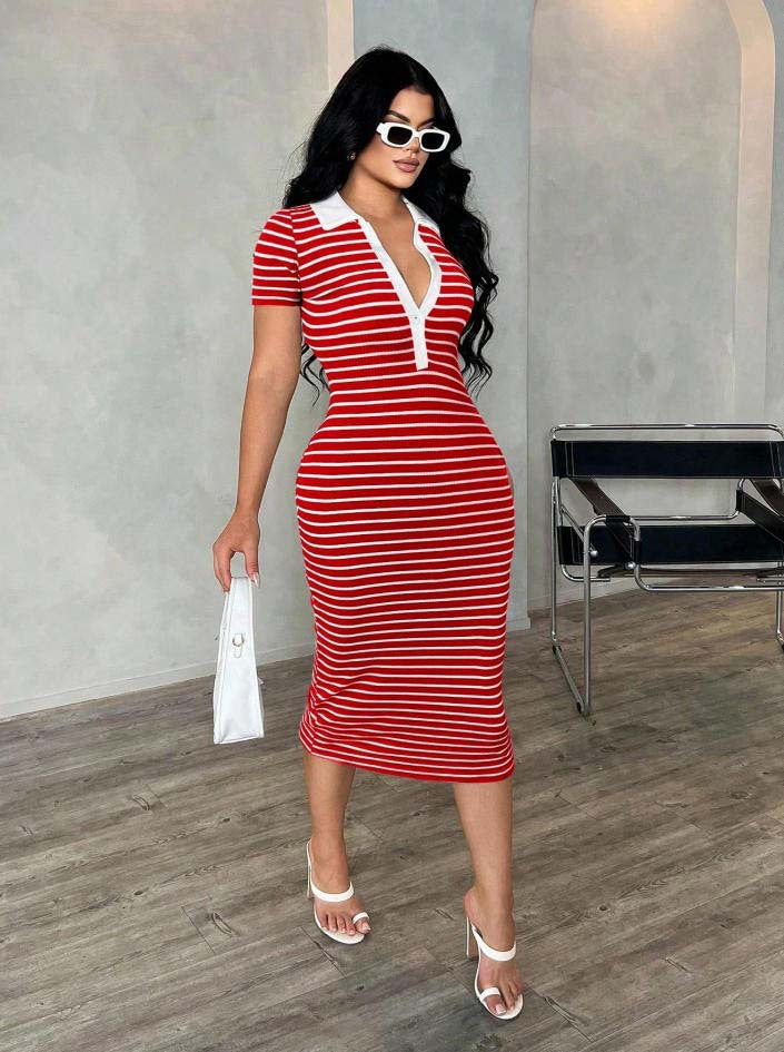 Damen Figurbetontes Polokleid im Streifen‑Look aus Rippstrick mit kurzem Ärmel – Élara