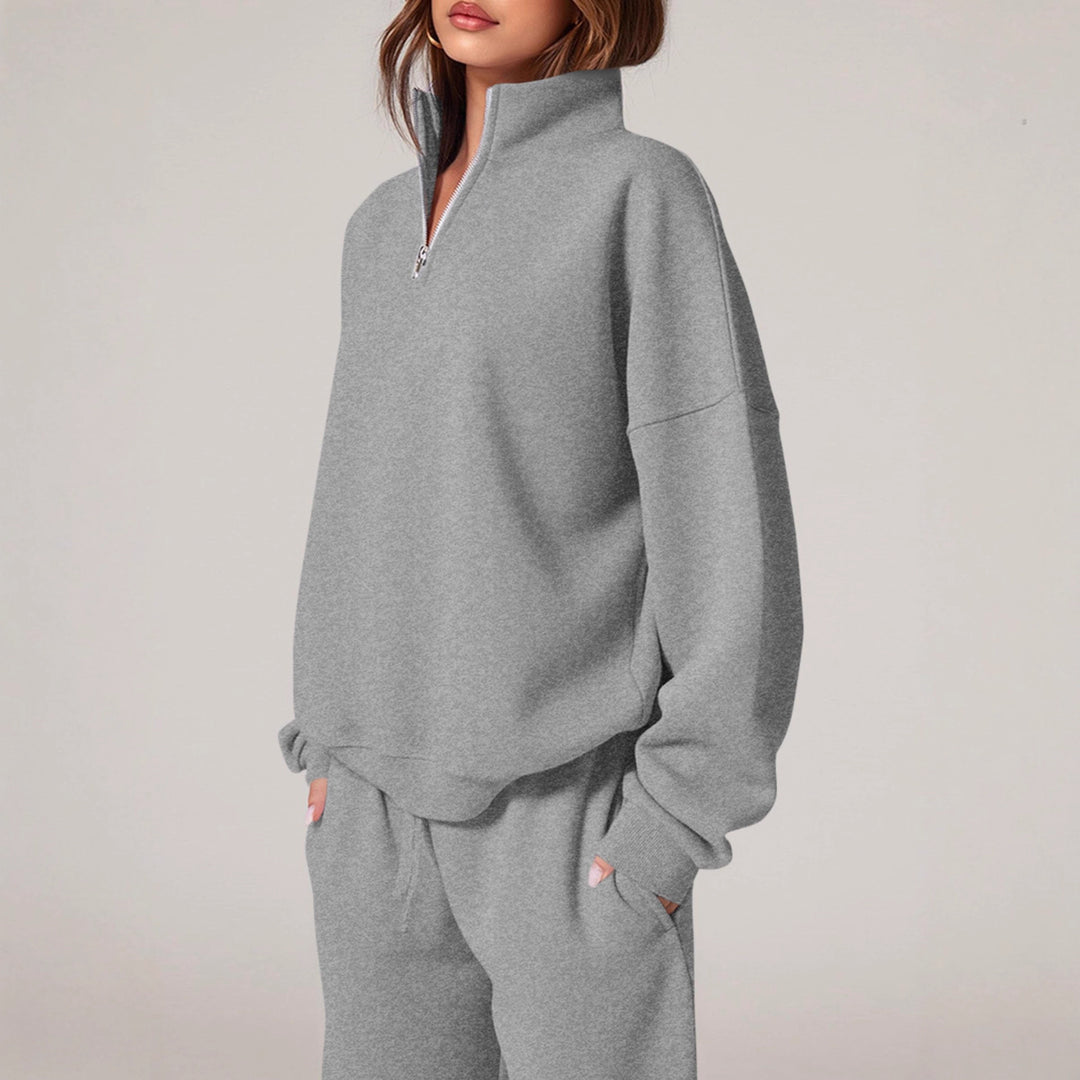 Damen nan oversized Jogginganzug mit Stehkragen halbem Reißverschluss und weitem Bein Echo Archiv