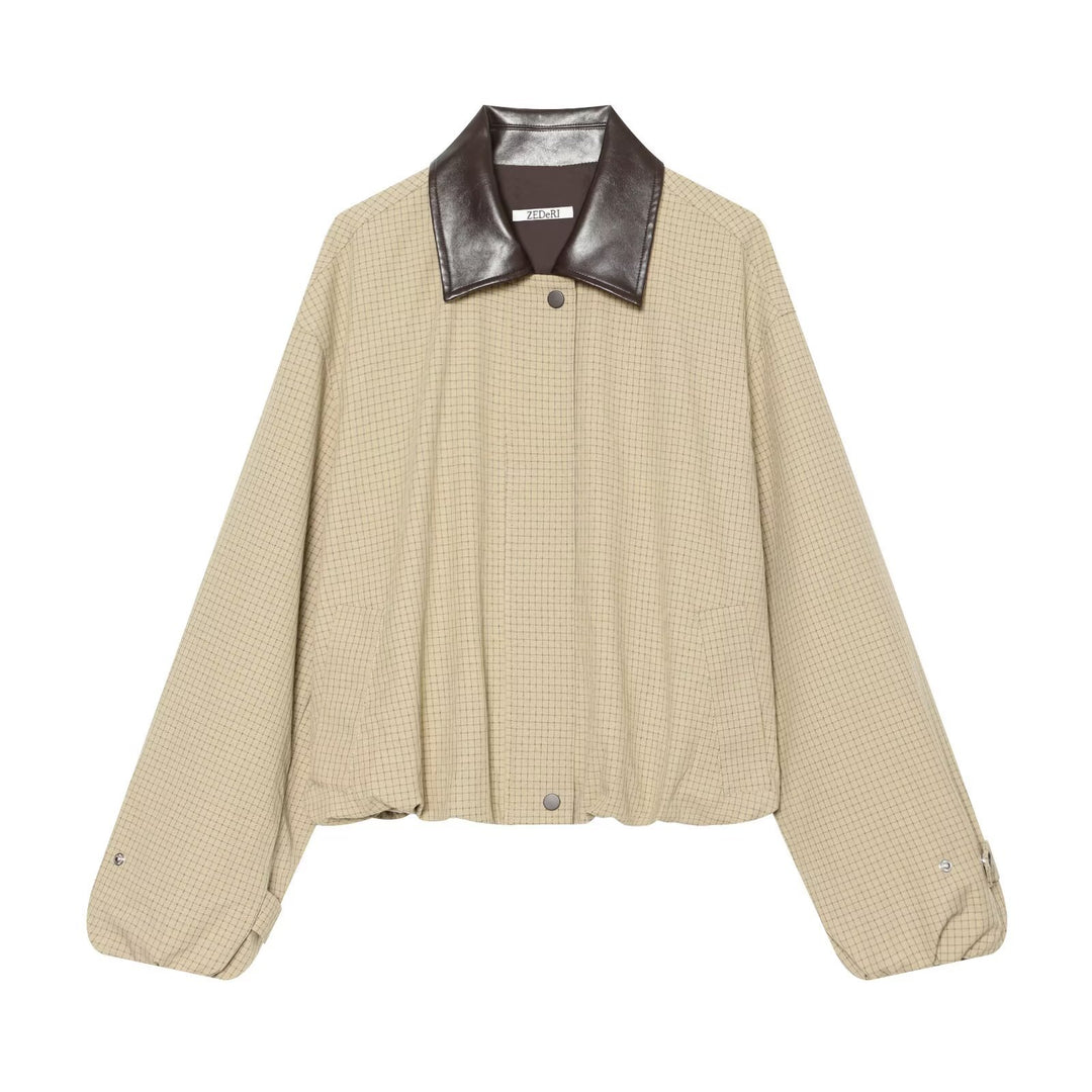 Damen Kurzgeschnittener Karierter Blouson mit kontrastierendem Lederkragen Echo Archiv