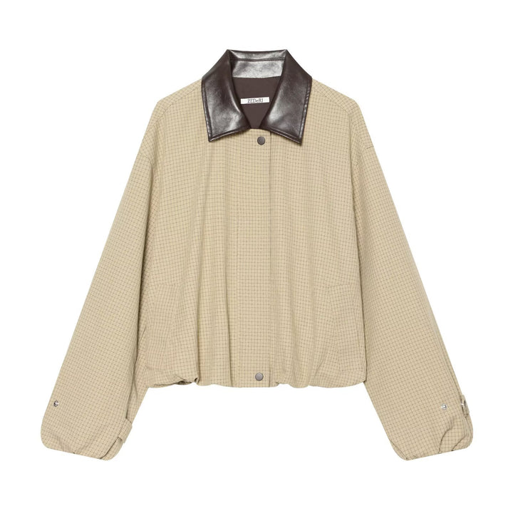 Damen Kurzgeschnittener Karierter Blouson mit kontrastierendem Lederkragen Echo Archiv
