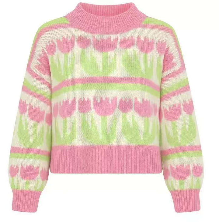 Damen nan Grobstrickpullover mit eingestrickten Herzmotiven, hohem Stehkragen und lässiger Oversize-Silhouette Echo Archiv