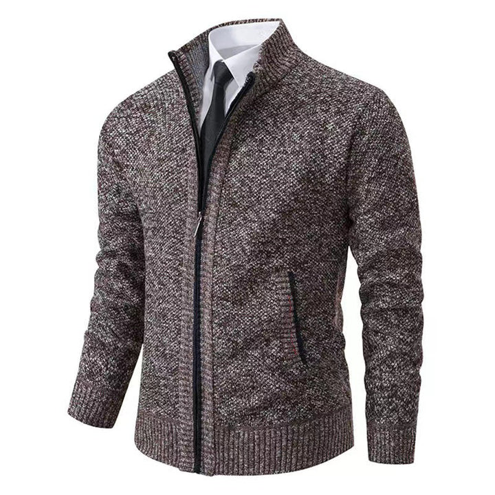 Herren nan melierte Strickzipjacke mit hohem Stehkragen, feiner Struktur und verdeckten Eingrifftaschen Echo Archiv