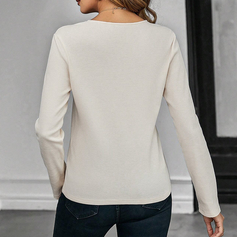 Damen geripptes Langarmshirt mit V‑Ausschnitt und dekorativem Schlüsselcutout – Avérine