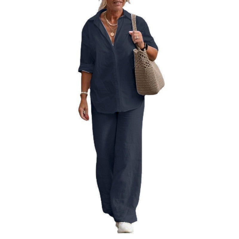 Damen Leichtes Leinen-Loungewear-Set mit offenem Hemdkragen und weiter Palazzohose Echoarchiv