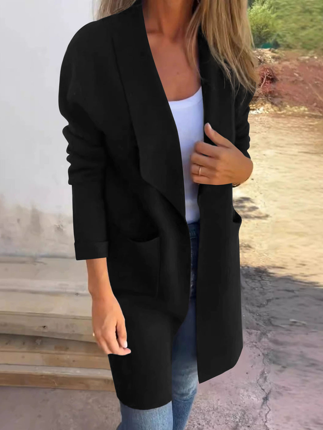 Damen Longline Blazer mit Schalkragen, offenem Schnitt und aufgesetzten Taschen – Valéne