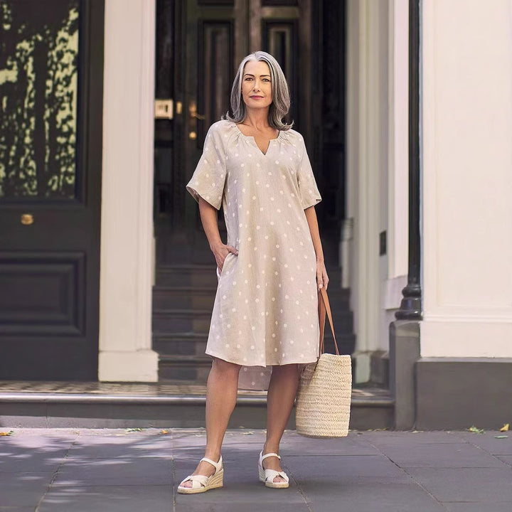 Damen nan lockeres A-Linien Leinenoptik-Kleid mit V-Ausschnitt, geraffter Schulterpartie und Eingrifftaschen Echo Archiv