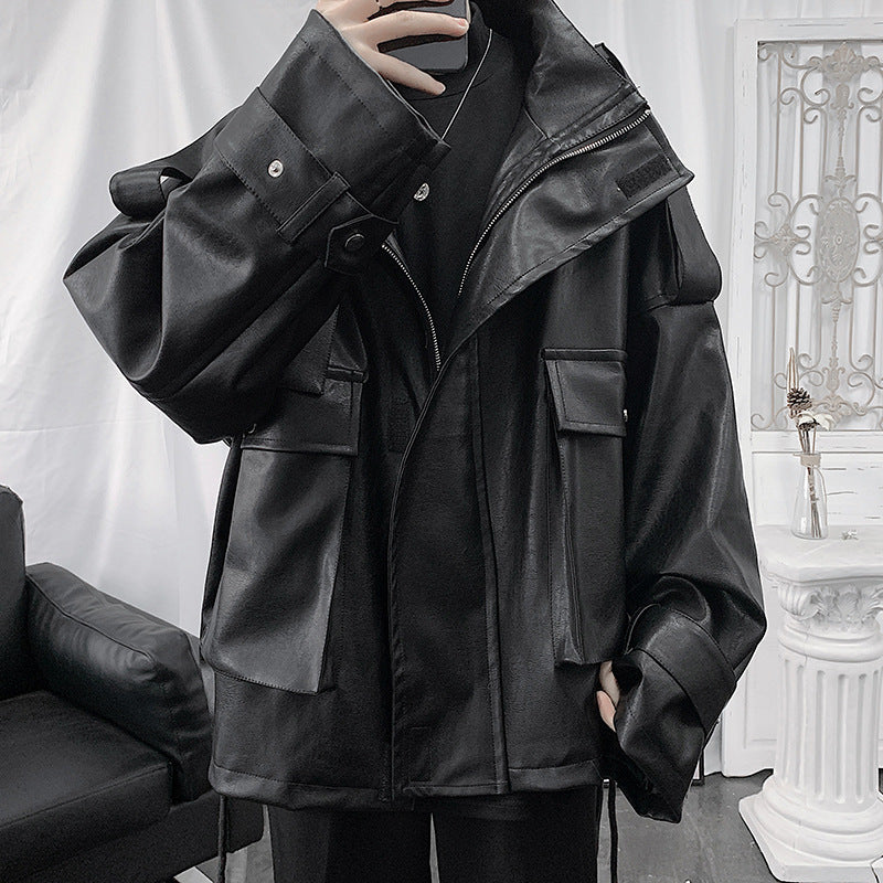 Herren Weitgeschnittene Kunstlederjacke mit Kapuze, Utility-Taschen und verstellbaren Manschetten Echoarchiv