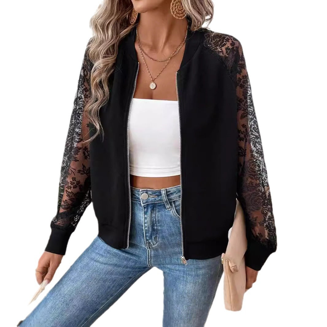 Damen nan leichte Bomberjacke mit floralen Spitzenärmeln und Reißverschluss Echo Archiv