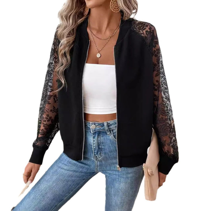 Damen nan leichte Bomberjacke mit floralen Spitzenärmeln und Reißverschluss Echo Archiv