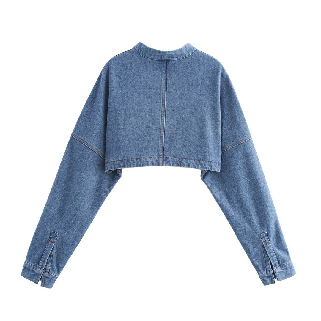 Damen cropped Jeansbolerojacke mit Stehkragen, oversize-Ärmeln und verdeckter Frontleiste – Célinea