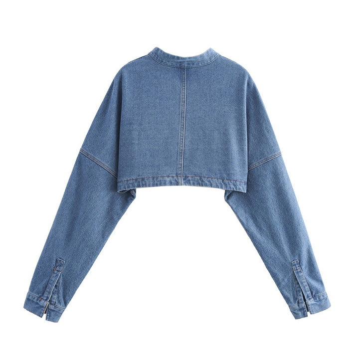 Damen cropped Jeansbolerojacke mit Stehkragen, oversize-Ärmeln und verdeckter Frontleiste – Célinea