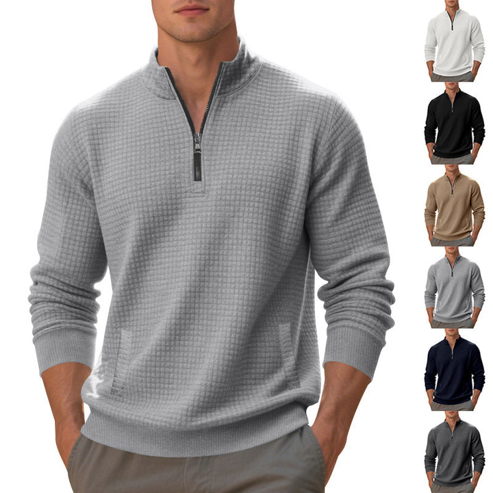 Herren Waffelstrick-Halbzip-Pullover mit Stehkragen, Kängurutasche & gerippten Abschlüssen – Cavarno