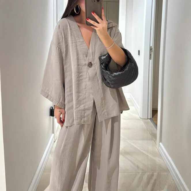Damen nan lockeres Leinenoptik-Zweiteiler mit Kimono-Blazer und weitem Palazzo-Hose Echo Archiv