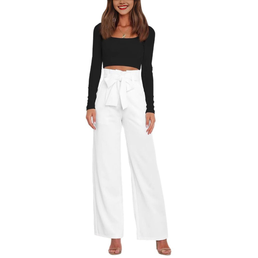 Damen Weite High-Waist Paperbag-Hose mit Bundfalten und Bindegürtel – Avélisse