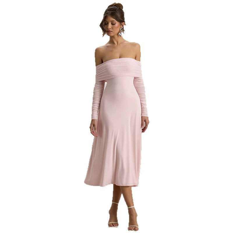 Damen elegantes schulterfreies Midikleid mit Rüschendetails und transparenten Ärmeln Echo Archiv