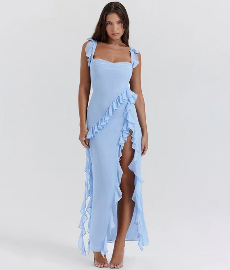 Damen nan langes Abendkleid mit quadratischem Ausschnitt, Schulter-Rüschenträgern und hoher Beinschlitze Echo Archiv
