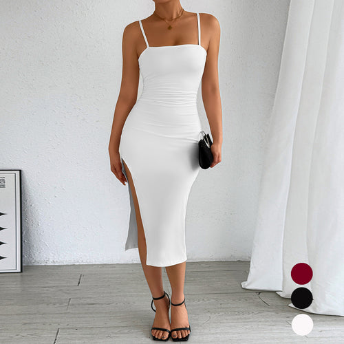 Damen figurbetontes Midi-Kleid mit schulterfreien Trägern und tiefem Schlitz Echo Archiv