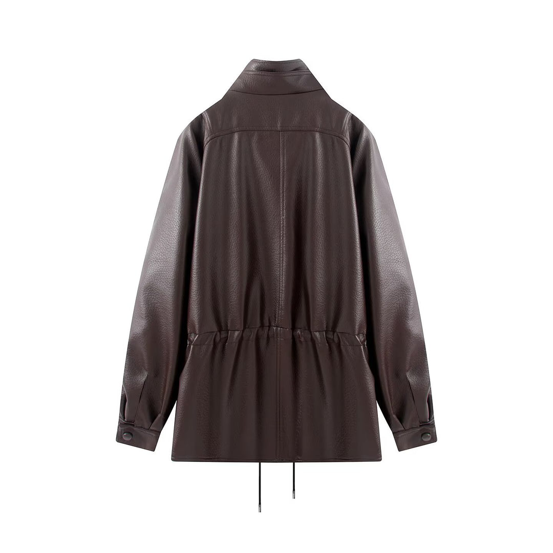 Damen Doppelreihige Kunstlederjacke mit Stehkragen, weitem Revers und Tunnelzug Echo Archiv
