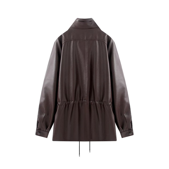 Damen Doppelreihige Kunstlederjacke mit Stehkragen, weitem Revers und Tunnelzug Echo Archiv