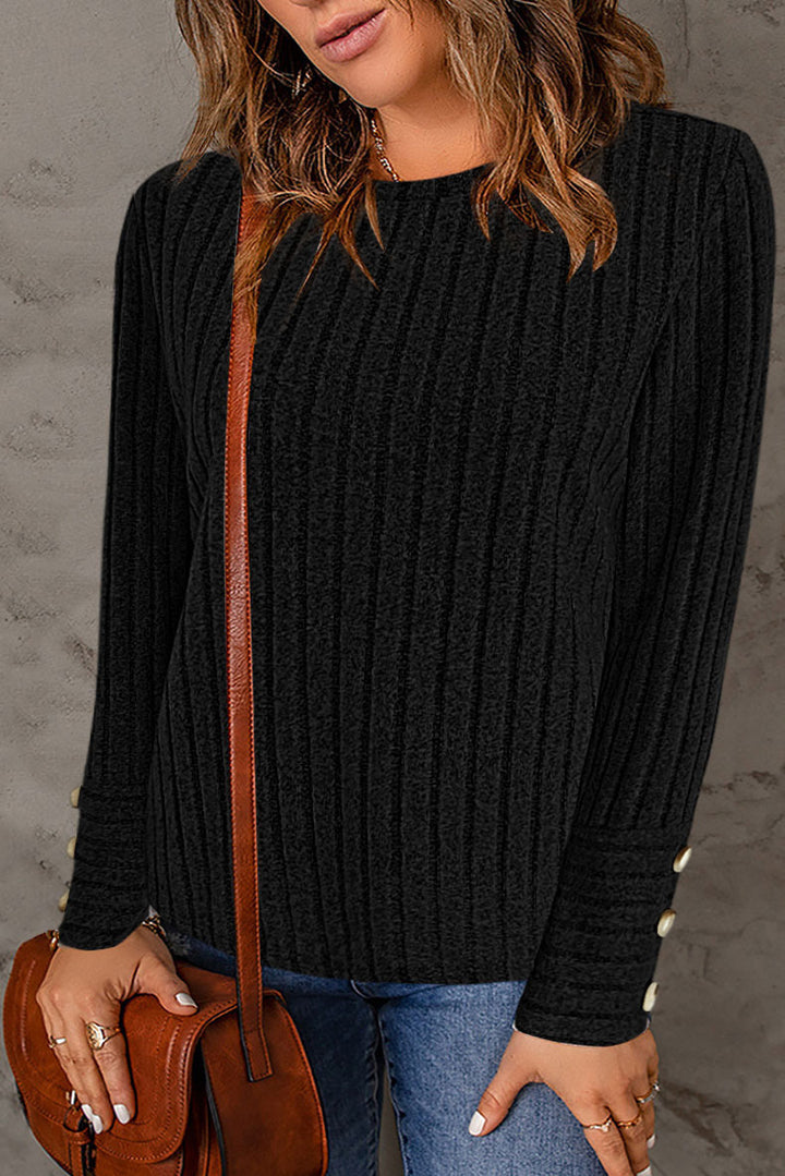 Damen Gerippter Feinstrickpullover mit Rundhalsausschnitt und Zierknopf‑Manschetten Echoarchiv