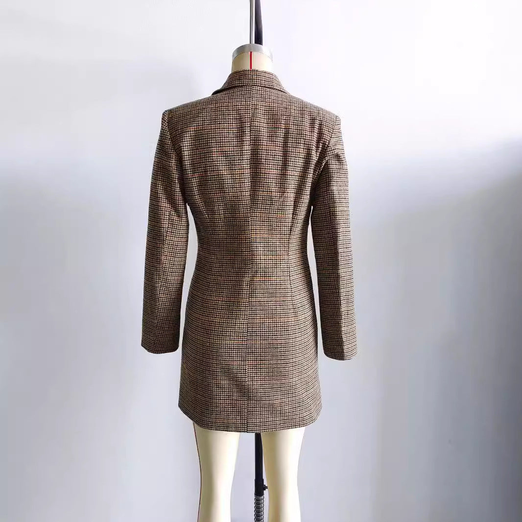 Damen nan taillierter zweireihiger Longblazer mit Glencheck-Struktur, Schalkragen und Pattentaschen Echo Archiv