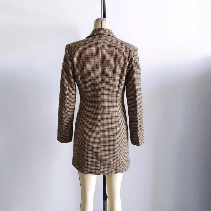 Damen nan taillierter zweireihiger Longblazer mit Glencheck-Struktur, Schalkragen und Pattentaschen Echo Archiv