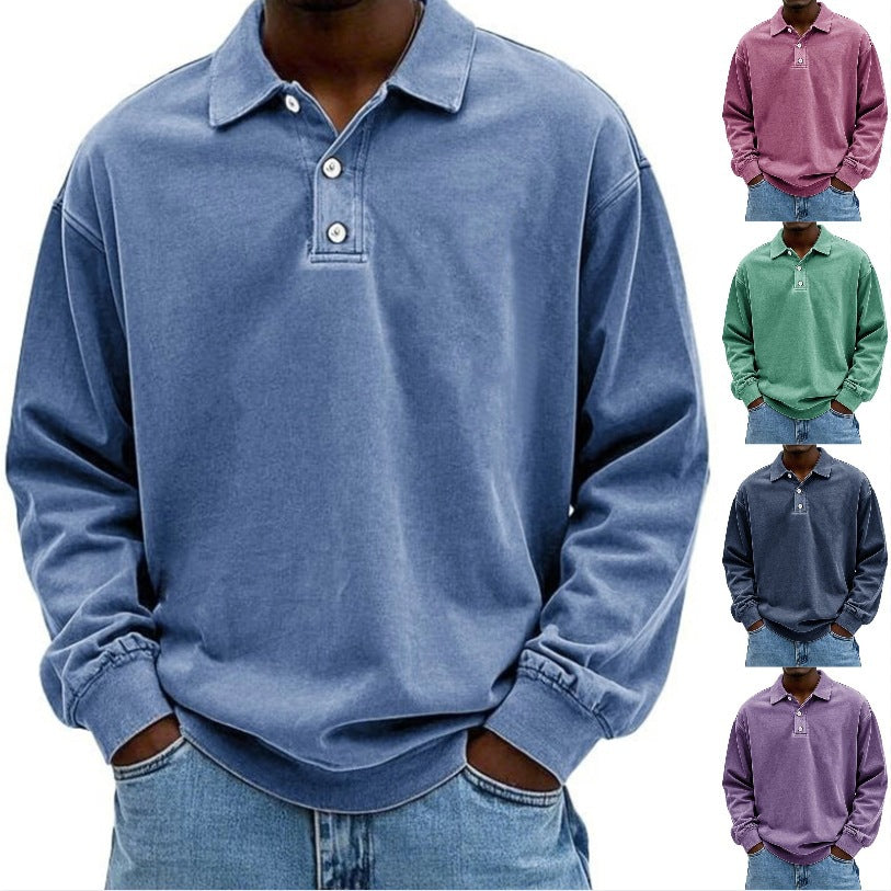 Herren Oversize Denim-Look Polo-Sweatshirt mit kurzer Knopfleiste und elastischen Bündchen EB – Norvane
