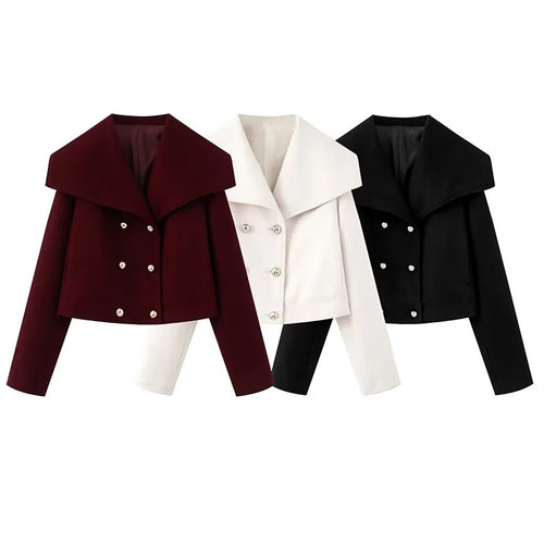 Damen cropped marineinspirierter Kurzmantel-Blouson mit übergroßem Schalkragen und dekorativer Doppelknopfleiste – Célinea