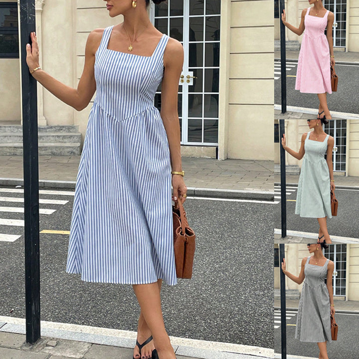 Damen Midikleid mit quadratischem Ausschnitt, breiten Trägern und tailliertem A-Linien Schnitt Echo Archiv