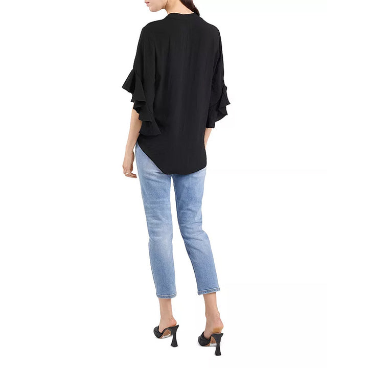 Damen Rüschen-Bluse mit V-Schlitz, lockerem Schnitt und Trompetenärmeln – Avérine