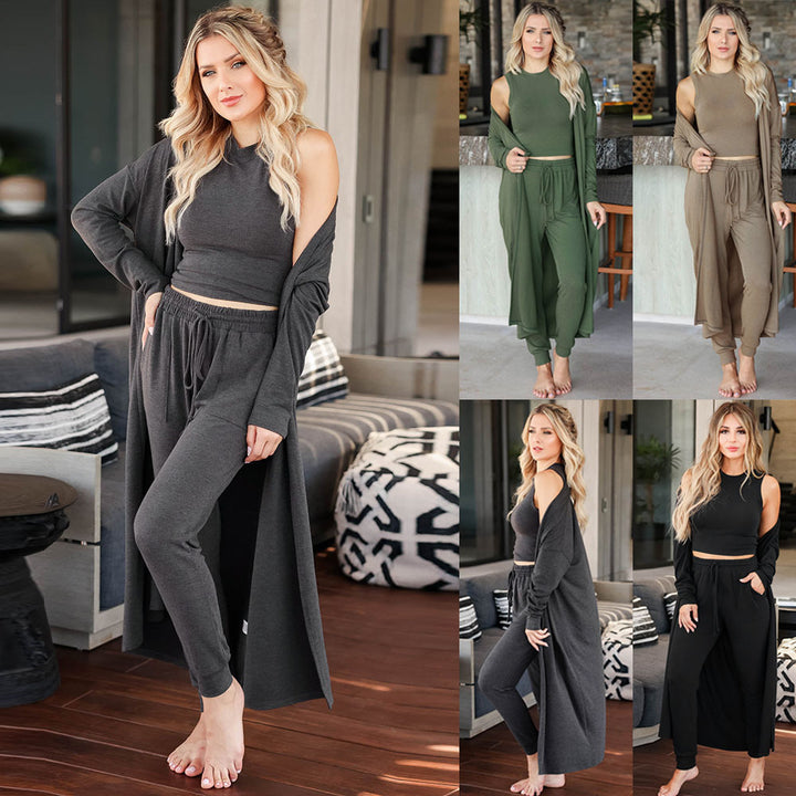 Damen Dreiteiliges Lounge-Set aus weichem Viskosemix mit Longcardigan, Crop-Top und Jogginghose – Élanora