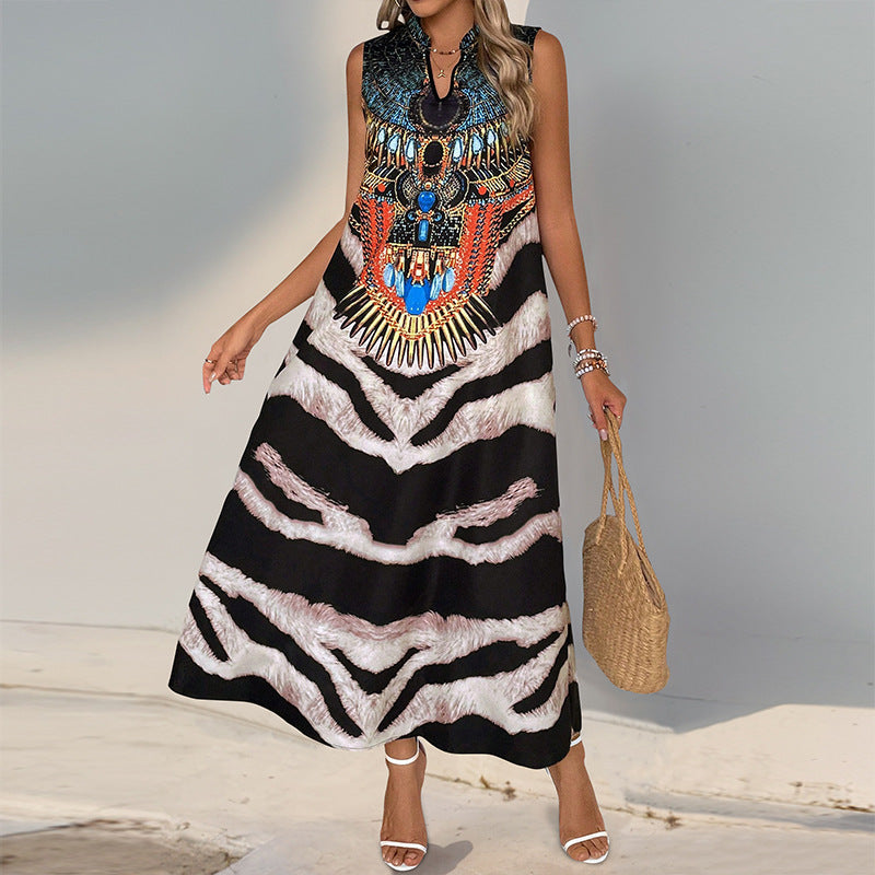 Damen Ärmelloses Maxikleid mit Statement-Halsdruck, Ethno‑Motiv und ausgestellter A‑Linien‑Silhouette Echoarchiv