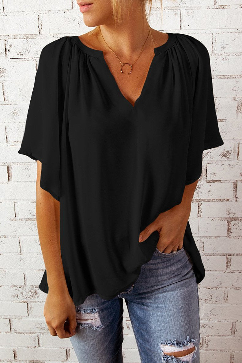 Damen lockeres Blusenshirt mit V-Ausschnitt und luftigen Ärmeln Echo Archiv