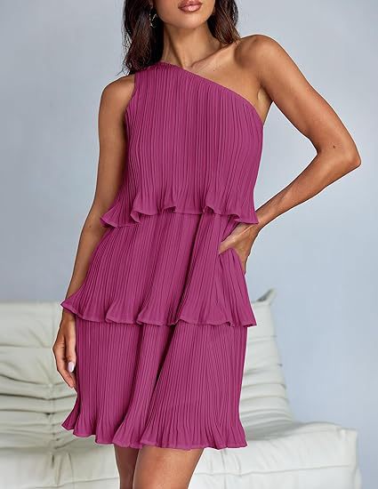 Damen Ärmelloses plissiertes Stufenkleid mit asymmetrischer Schulterpartie Echo Archiv