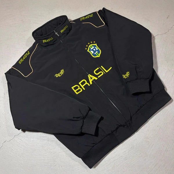 Unisex nan sportliche Retro-Trainingsjacke mit Stehkragen Reißverschluss Brustemblem und Brasilien-Schriftzug Echo Archiv