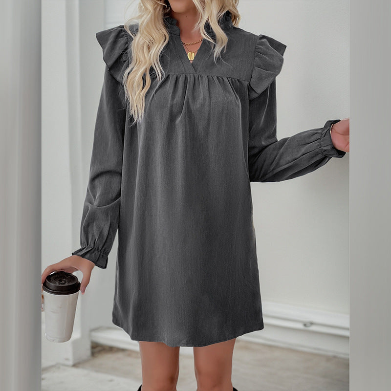 Damen Rüschen-A-Linien Kleid mit geraffter Brust und V-Ausschnitt – Élara